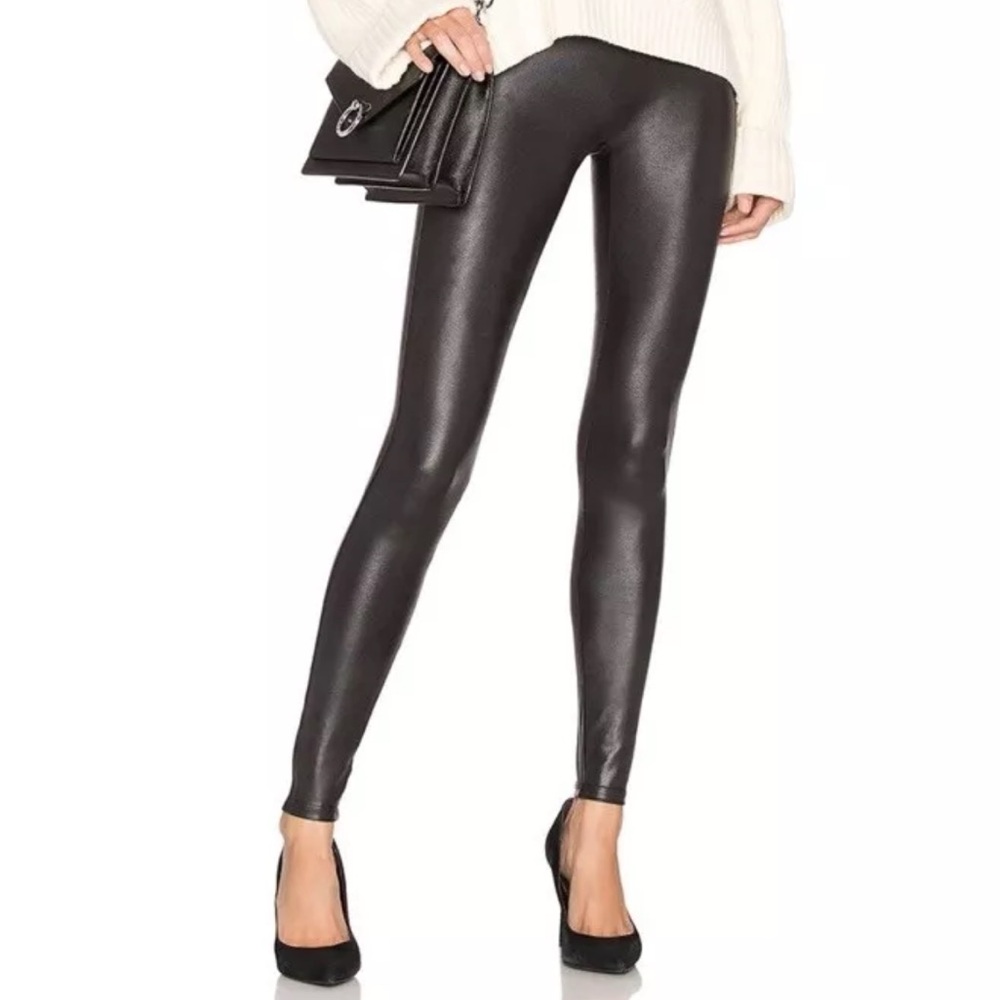 Spanx Faux Leather Leggings Black Women Medium Shaping Glossy Waistband  #2437